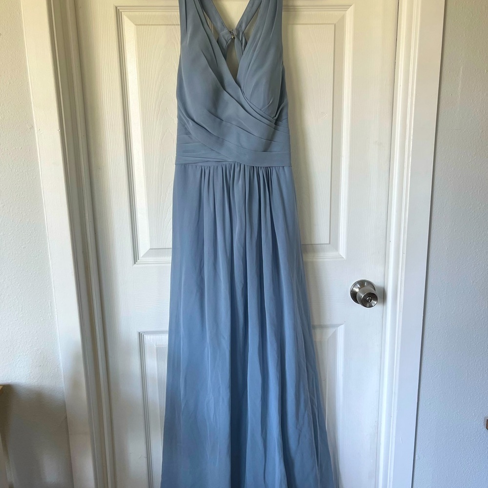 Dusty blue Azazie bridesmaids dress